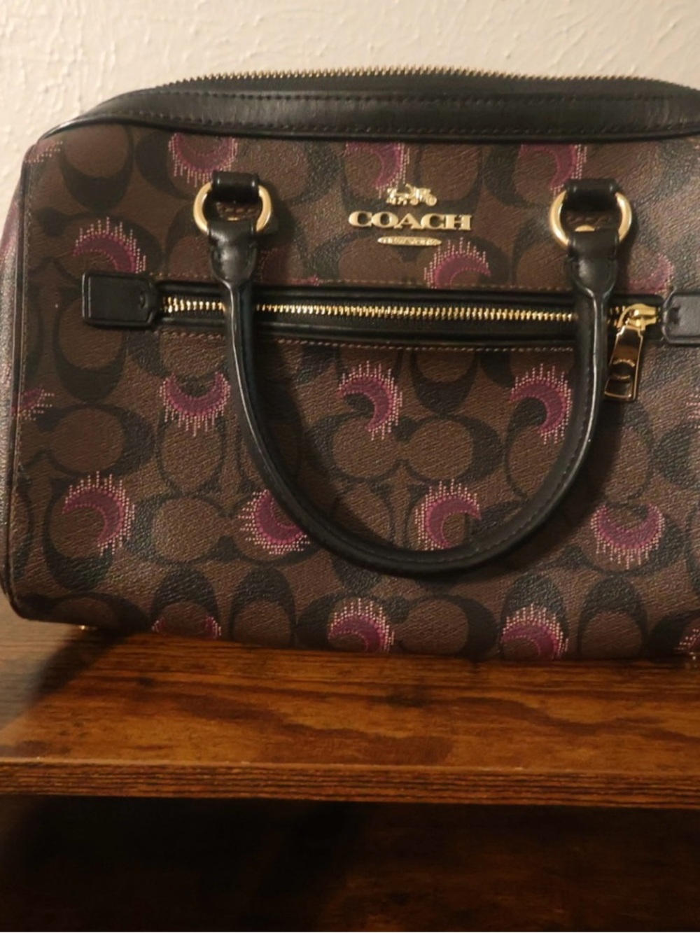 COACH Rowen Brown Signature Satchel with moon prints and Black Trim - Picture 2 of 14